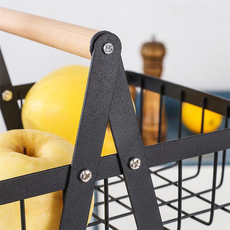 Double-layer Storage, Convenient Wooden Handle Basket, Iron Fruit Basket, Kitchen Storage, Living Room Storage Basket