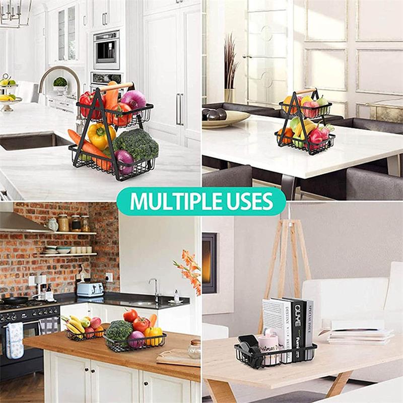 Double-layer Storage, Convenient Wooden Handle Basket, Iron Fruit Basket, Kitchen Storage, Living Room Storage Basket
