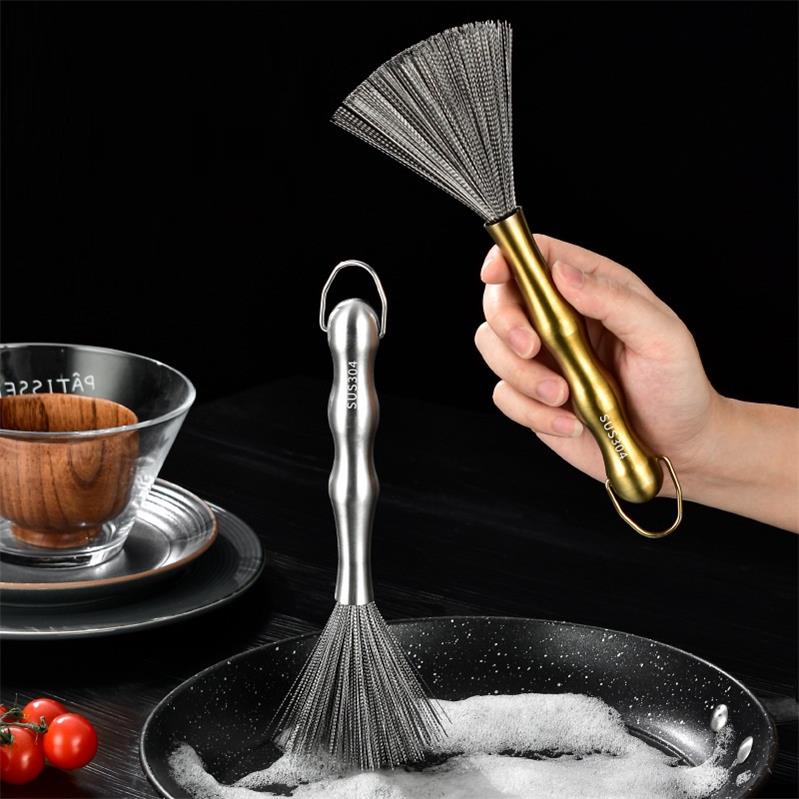 Cookware Scrubber Brush 304 Stainless Steel Material, Long-Handled Dishwashing Brush with Ergonomic Design, Kitchen Cleaning Brush, Dishwashing Scrubber for Pots Skillets Ovens Grills