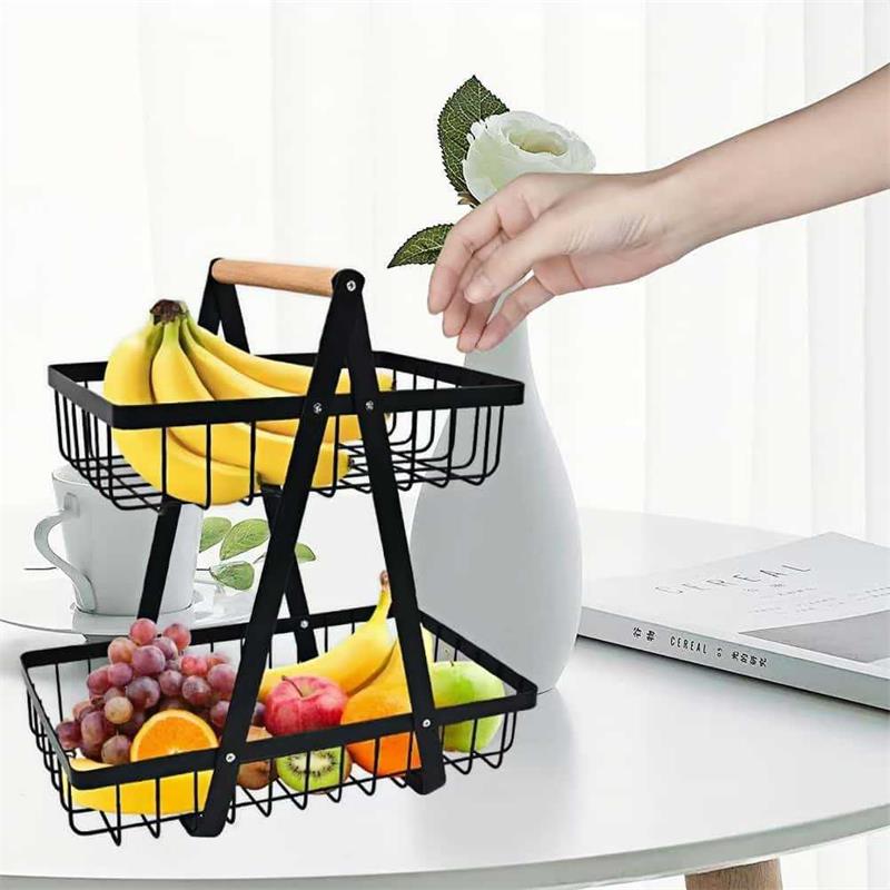 Double-layer Storage, Convenient Wooden Handle Basket, Iron Fruit Basket, Kitchen Storage, Living Room Storage Basket