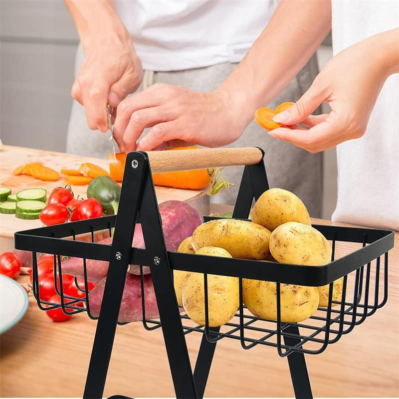 Double-layer Storage, Convenient Wooden Handle Basket, Iron Fruit Basket, Kitchen Storage, Living Room Storage Basket