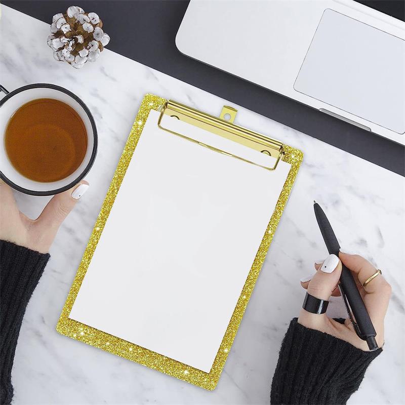 Piasoenc Acrylic Small Clipboard, Fashion Glitter Clip Board with Low Profile Gold Clip, Cute Confetti Board for Kids, Students, Teacher, Woman, Artist, A6 Size