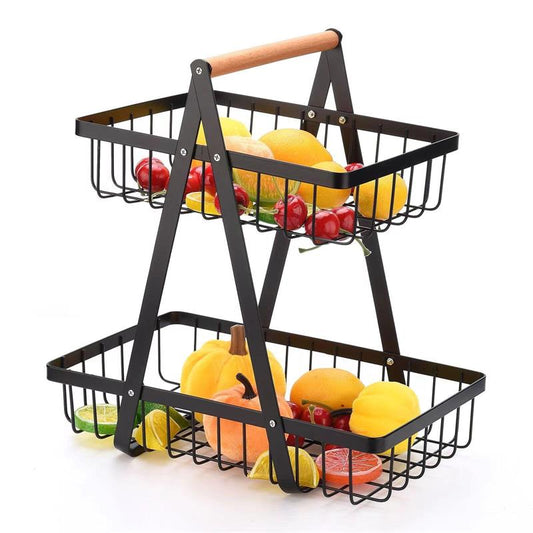 Double-layer Storage, Convenient Wooden Handle Basket, Iron Fruit Basket, Kitchen Storage, Living Room Storage Basket