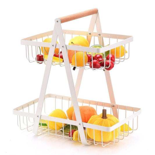 Double-layer Storage, Convenient Wooden Handle Basket, Iron Fruit Basket, Kitchen Storage, Living Room Storage Basket