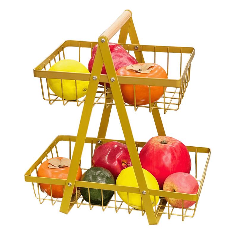Double-layer Storage, Convenient Wooden Handle Basket, Iron Fruit Basket, Kitchen Storage, Living Room Storage Basket