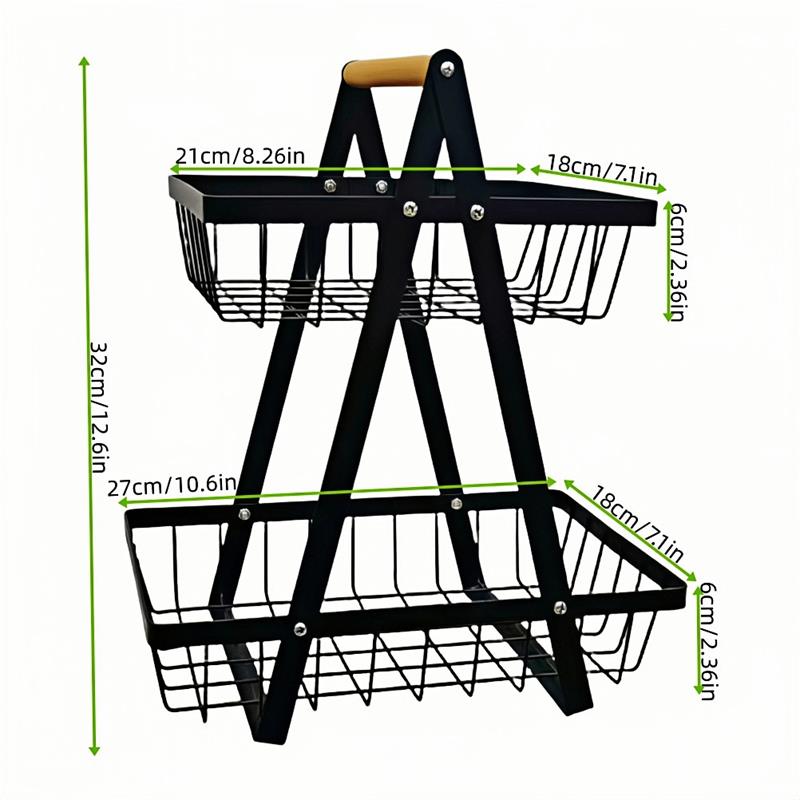 Double-layer Storage, Convenient Wooden Handle Basket, Iron Fruit Basket, Kitchen Storage, Living Room Storage Basket
