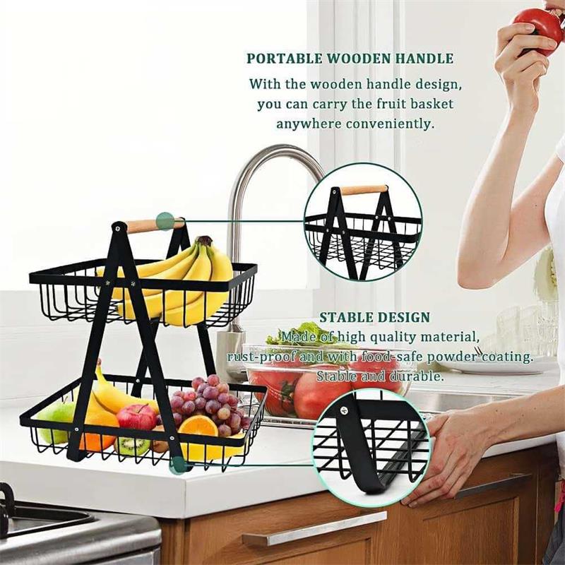 Double-layer Storage, Convenient Wooden Handle Basket, Iron Fruit Basket, Kitchen Storage, Living Room Storage Basket