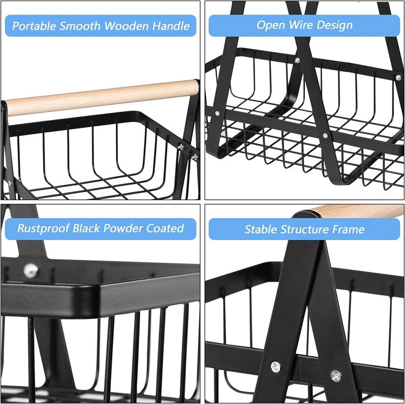 Double-layer Storage, Convenient Wooden Handle Basket, Iron Fruit Basket, Kitchen Storage, Living Room Storage Basket