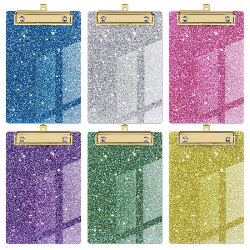 Piasoenc Acrylic Small Clipboard, Fashion Glitter Clip Board with Low Profile Gold Clip, Cute Confetti Board for Kids, Students, Teacher, Woman, Artist, A6 Size