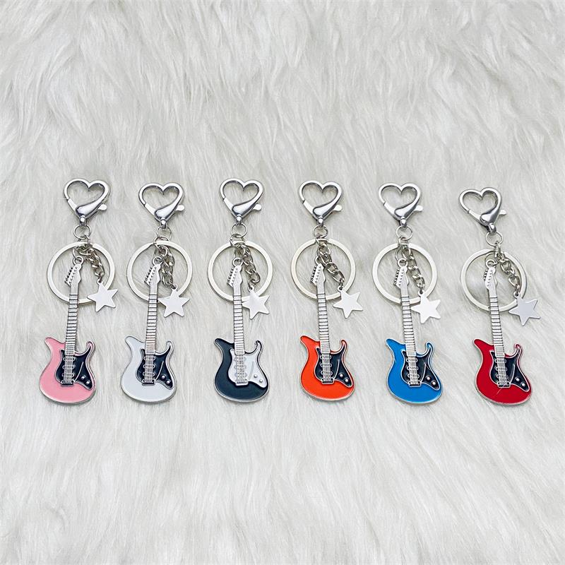 6PCS Creative Music Guitar Keychain Instrument Electronic Guitar Five-pointed Star Key Chain Pendant Hanging Backpack Accessory