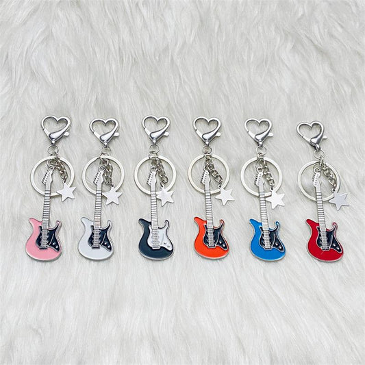 6PCS Creative Music Guitar Keychain Instrument Electronic Guitar Five-pointed Star Key Chain Pendant Hanging Backpack Accessory